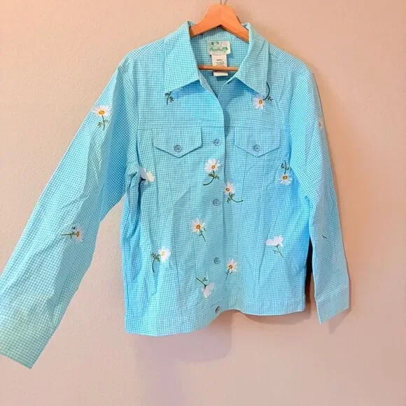 Quacker Factory Jacket Womens Small S Gingham Vintage Embroidered Floral Cotton - Picture 4 of 6